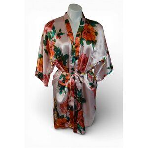 Floral Satin Robe Kimono Style Pink Orange Roses OSFM Lightweight Tie Waist